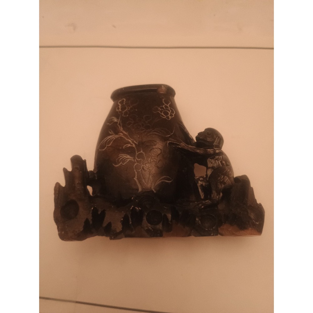 Vintage Asian Hand carved Soapstone Monkey Brush Pot Inkwell Display 2.5"